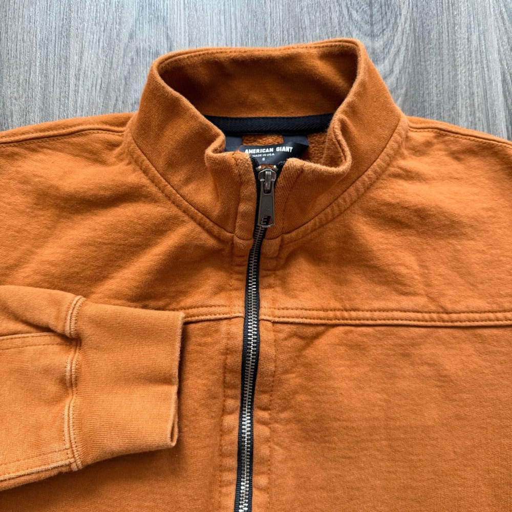 American Giant Mens Full Zip Sweatshirt Burnt Orange Cotton Mock Neck Small USA